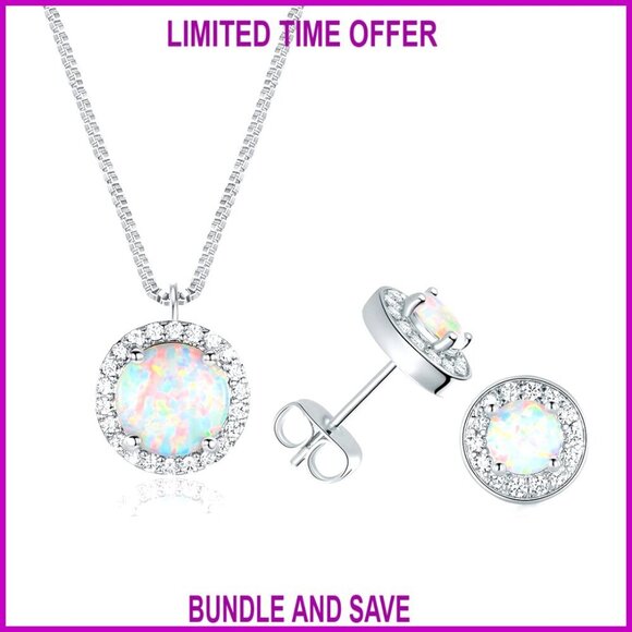 Jewelry - 18k White Gold Plated Opal Halo Pendant Necklace and Stud Earrings Set